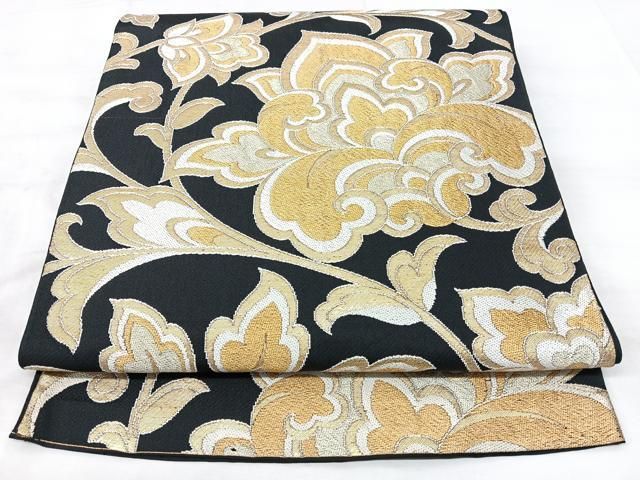 平和屋着物◎六通柄　本京袋帯　更紗花文　黒地　金糸　正絹　逸品　BAAY5357qw