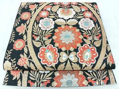 平和屋着物◎六通柄　本袋帯　都錦　更紗花文　黒地　金糸　正絹　逸品　BAAY5359qw