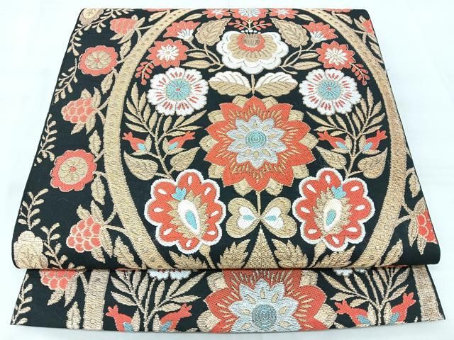 平和屋着物◎六通柄　本袋帯　都錦　更紗花文　黒地　金糸　正絹　逸品　BAAY5359qw