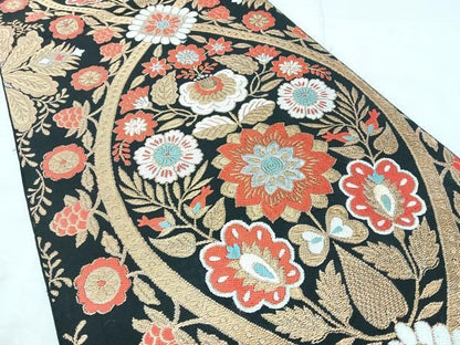 平和屋着物◎六通柄　本袋帯　都錦　更紗花文　黒地　金糸　正絹　逸品　BAAY5359qw