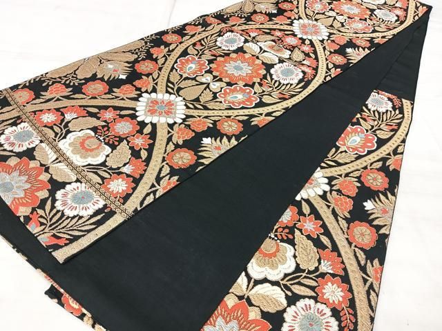 平和屋着物◎六通柄　本袋帯　都錦　更紗花文　黒地　金糸　正絹　逸品　BAAY5359qw