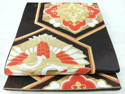 平和屋着物◎六通柄袋帯　亀甲双鶴花文　金糸　正絹　逸品　BAAY5360qw
