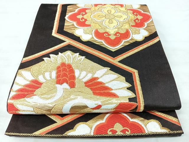 平和屋着物◎六通柄袋帯　亀甲双鶴花文　金糸　正絹　逸品　BAAY5360qw