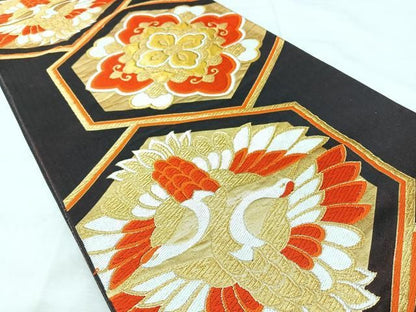 平和屋着物◎六通柄袋帯　亀甲双鶴花文　金糸　正絹　逸品　BAAY5360qw
