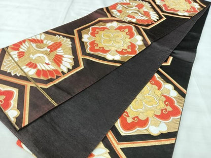 平和屋着物◎六通柄袋帯　亀甲双鶴花文　金糸　正絹　逸品　BAAY5360qw