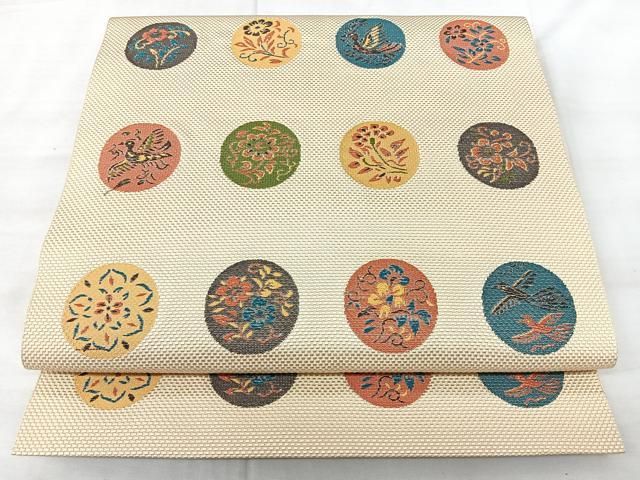 平和屋着物◎本場筑前博多織　八寸名古屋帯　花鳥丸文　正絹　逸品　BAAY5364qw