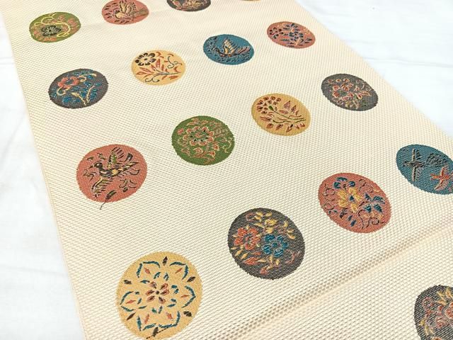 平和屋着物◎本場筑前博多織　八寸名古屋帯　花鳥丸文　正絹　逸品　BAAY5364qw