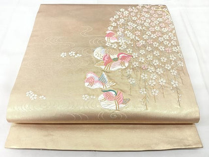 平和屋着物◎西陣　高島織物謹製　九寸開き名古屋帯　唐織　鴛鴦花文　青銅箔　正絹　逸品　BAAY5372qw