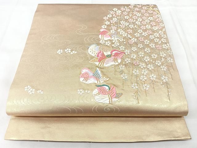 平和屋着物◎西陣　高島織物謹製　九寸開き名古屋帯　唐織　鴛鴦花文　青銅箔　正絹　逸品　BAAY5372qw