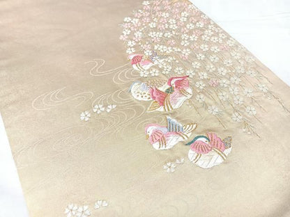 平和屋着物◎西陣　高島織物謹製　九寸開き名古屋帯　唐織　鴛鴦花文　青銅箔　正絹　逸品　BAAY5372qw