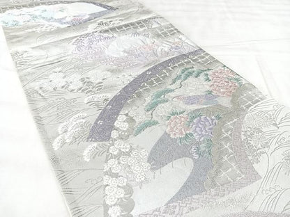 平和屋着物◎六通柄袋帯　地紙花鳥文　プラチナ箔　正絹　逸品　BAAY5374qw