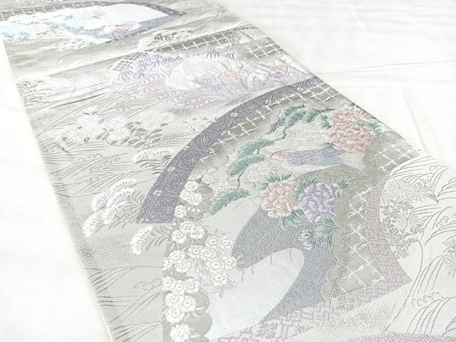 平和屋着物◎六通柄袋帯　地紙花鳥文　プラチナ箔　正絹　逸品　BAAY5374qw