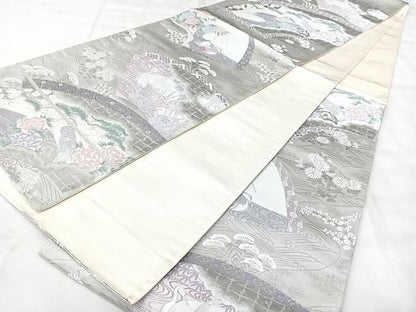 平和屋着物◎六通柄袋帯　地紙花鳥文　プラチナ箔　正絹　逸品　BAAY5374qw