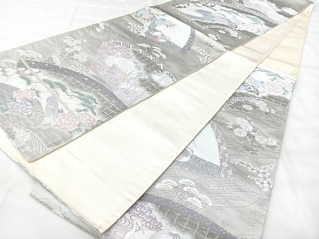 平和屋着物◎六通柄袋帯　地紙花鳥文　プラチナ箔　正絹　逸品　BAAY5374qw