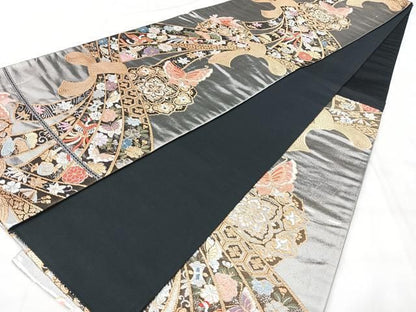 平和屋着物◎六通柄袋帯　束ね熨斗花鳥文　プラチナ弐重織　正絹　逸品　BAAY5377qw