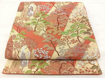 平和屋着物◎全通柄袋帯　紹巴　風景花文　正絹　逸品　BAAY5385qw