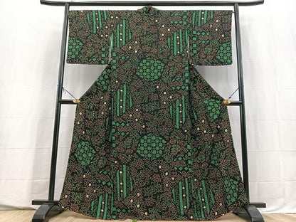 平和屋着物■上質な小紋　総絞り　更紗花文　黒地　正絹　逸品　BAAY5507yc