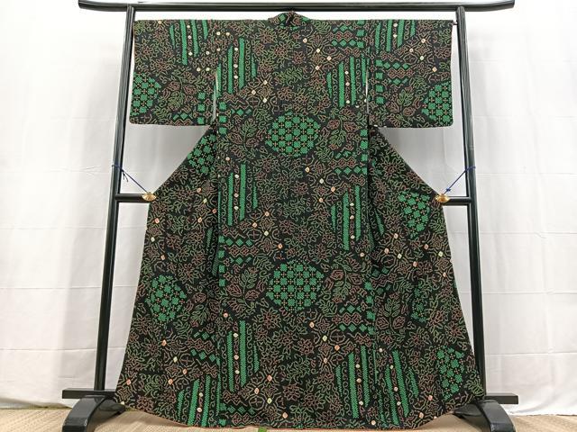 平和屋着物■上質な小紋　総絞り　更紗花文　黒地　正絹　逸品　BAAY5507yc