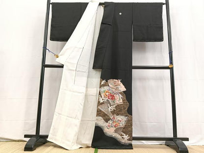 平和屋着物■豪華黒留袖　扇面花鳥文　金彩　正絹　逸品　未使用　BAAY5528yc