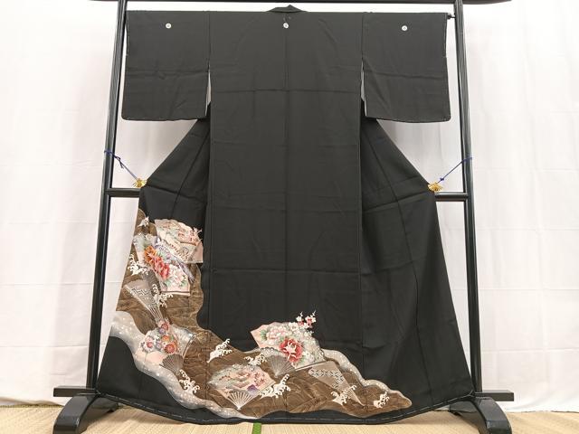平和屋着物■豪華黒留袖　扇面花鳥文　金彩　正絹　逸品　未使用　BAAY5528yc