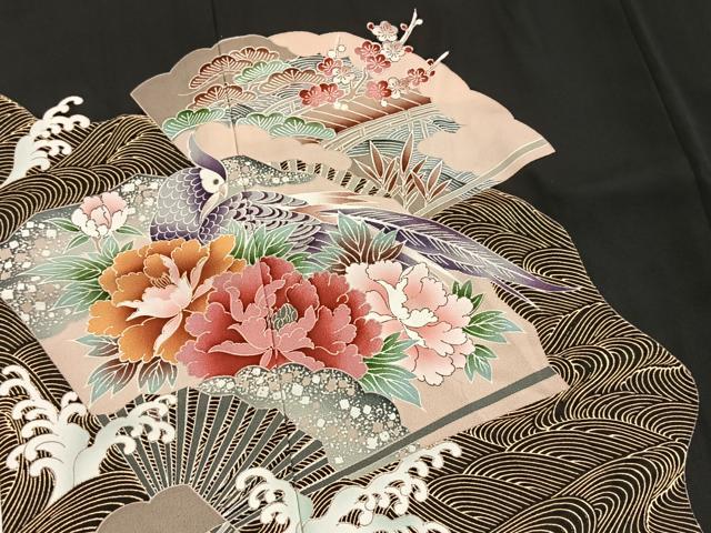 平和屋着物■豪華黒留袖　扇面花鳥文　金彩　正絹　逸品　未使用　BAAY5528yc