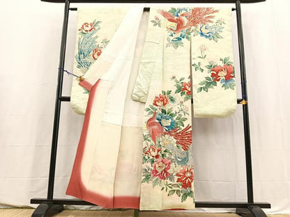 平和屋着物■豪華振袖　刺繍　孔雀花文　暈し染め　金彩　銀糸　正絹　逸品　BAAY5530yc