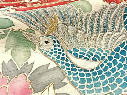 平和屋着物■豪華振袖　刺繍　孔雀花文　暈し染め　金彩　銀糸　正絹　逸品　BAAY5530yc