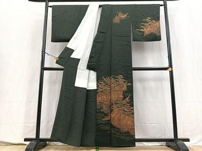 平和屋着物■訪問着　渡り舟松文　黒地　金彩　正絹　逸品　BAAY5550yc