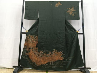平和屋着物■訪問着　渡り舟松文　黒地　金彩　正絹　逸品　BAAY5550yc