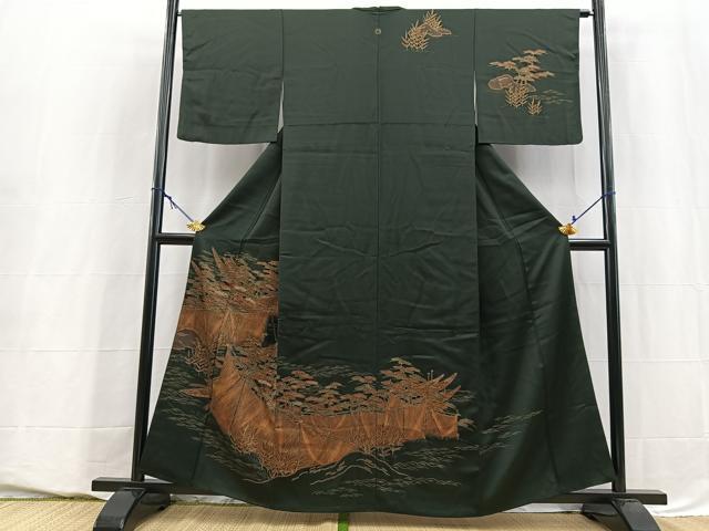 平和屋着物■訪問着　渡り舟松文　黒地　金彩　正絹　逸品　BAAY5550yc