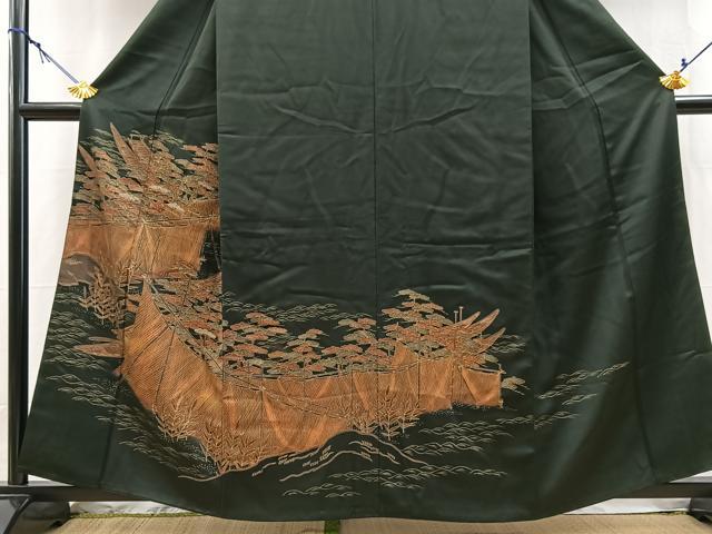 平和屋着物■訪問着　渡り舟松文　黒地　金彩　正絹　逸品　BAAY5550yc