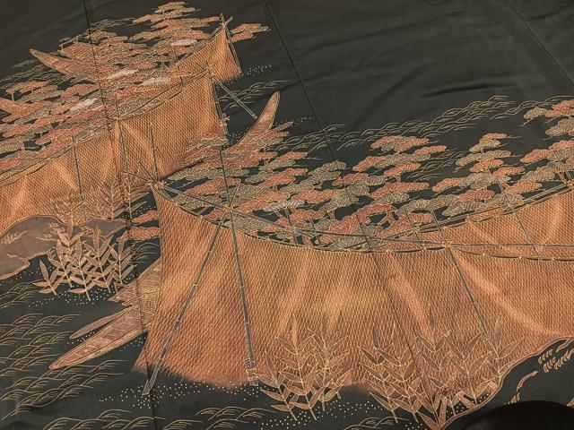 平和屋着物■訪問着　渡り舟松文　黒地　金彩　正絹　逸品　BAAY5550yc