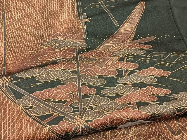 平和屋着物■訪問着　渡り舟松文　黒地　金彩　正絹　逸品　BAAY5550yc