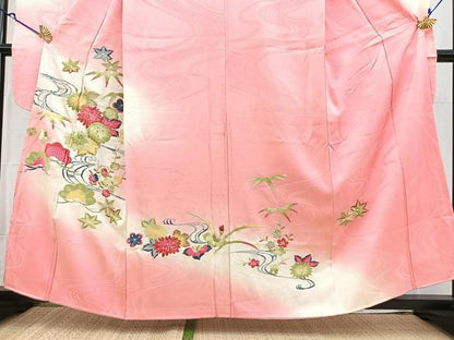 平和屋着物■豪華振袖　総刺繍　流水草花文　暈し染め　金糸　正絹　逸品　BAAY5566yc