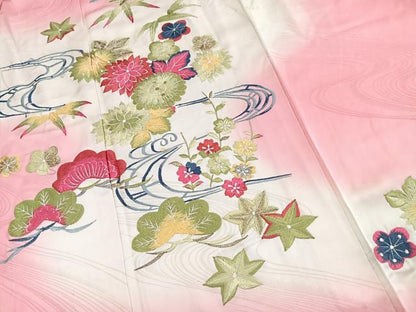 平和屋着物■豪華振袖　総刺繍　流水草花文　暈し染め　金糸　正絹　逸品　BAAY5566yc