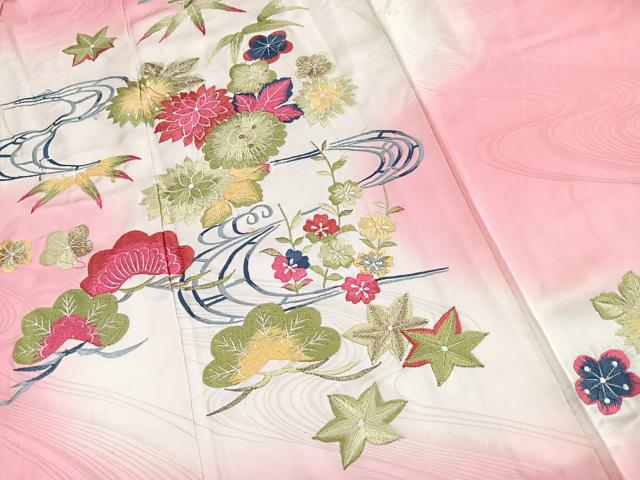平和屋着物■豪華振袖　総刺繍　流水草花文　暈し染め　金糸　正絹　逸品　BAAY5566yc