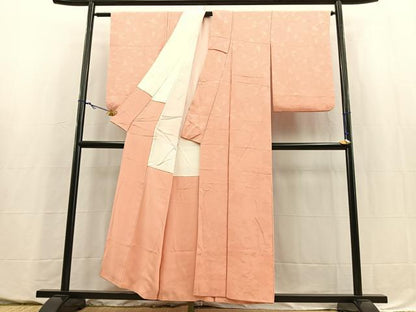 平和屋着物■上質な色無地　花尽くし地紋　珊瑚色　正絹　逸品　BAAY5570yc