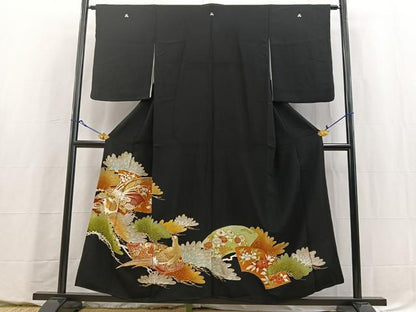 平和屋着物■豪華黒留袖　駒刺繍　尾長鳥地紙花文　金銀彩　正絹　逸品　BAAY5576yc