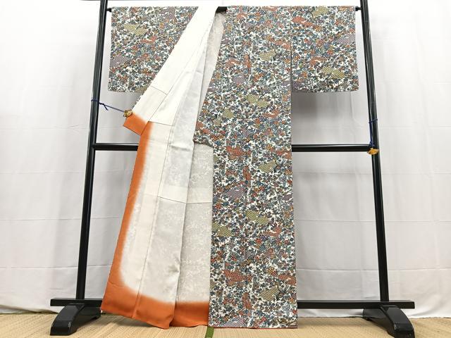平和屋着物■上質な小紋　型染め　切嵌花鳥文　正絹　逸品　BAAY5577yc