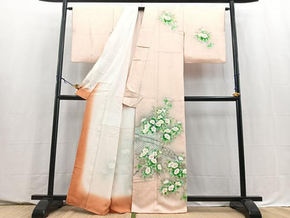 平和屋着物■訪問着　手描き　籬花文　暈し染め　洗柿色　正絹　逸品　BAAY5581yc