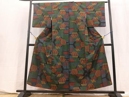 平和屋着物■本場大島紬　7マルキ　幾何学更紗花文　正絹　逸品　BAAY5590yc