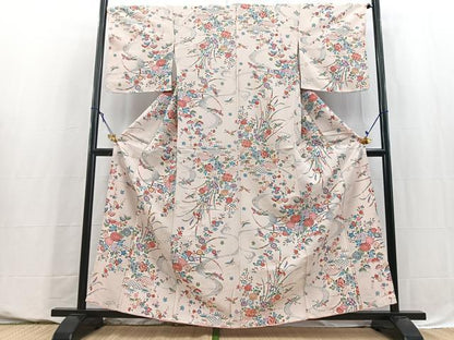 平和屋着物■上質な小紋　型染め　飛鶴松竹梅花文　鬼しぼ縮緬　正絹　逸品　未使用　BAAY5591yc