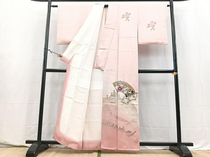 平和屋着物■訪問着　手描き　地紙花鳥文　シルエット　暈し染め　金銀彩　正絹　逸品　BAAY5595yc