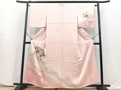 平和屋着物■訪問着　手描き　地紙花鳥文　シルエット　暈し染め　金銀彩　正絹　逸品　BAAY5595yc