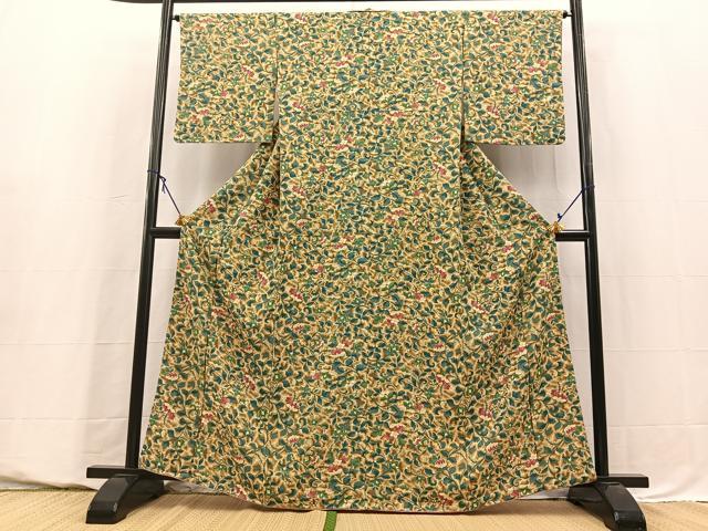 平和屋着物■上質な小紋　更紗花文　暈し染め　お召縮緬　正絹　逸品　BAAY5602yc