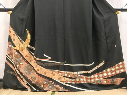 平和屋着物■豪華黒留袖　駒刺繍　萬寿染　飛鶴熨斗花文　金銀彩　正絹　逸品　BAAY5619yc