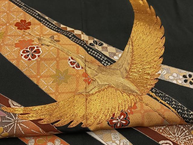 平和屋着物■豪華黒留袖　駒刺繍　萬寿染　飛鶴熨斗花文　金銀彩　正絹　逸品　BAAY5619yc