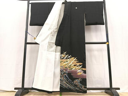 平和屋着物■豪華黒留袖　駒刺繍　萬寿染　飛鶴浜松文　金彩　正絹　逸品　BAAY5623yc