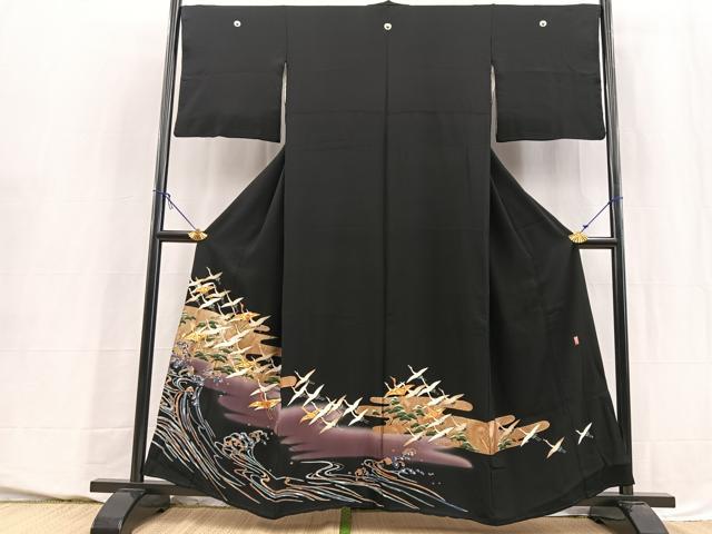 平和屋着物■豪華黒留袖　駒刺繍　萬寿染　飛鶴浜松文　金彩　正絹　逸品　BAAY5623yc