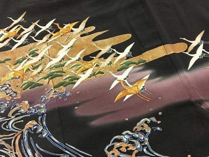 平和屋着物■豪華黒留袖　駒刺繍　萬寿染　飛鶴浜松文　金彩　正絹　逸品　BAAY5623yc
